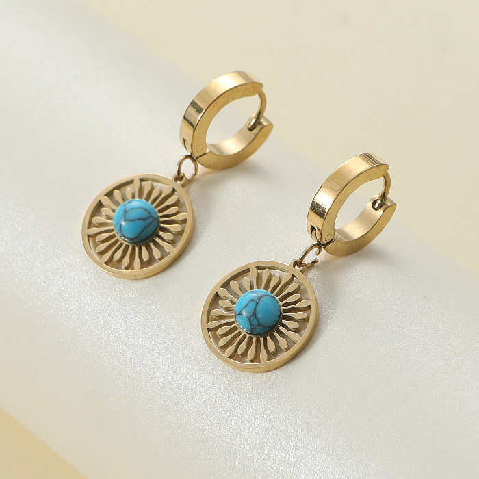 1 paire de boucles d'oreilles pendantes en acier inoxydable, Style Vintage, incrustation de blocs de couleurs circulaires, Turquoise