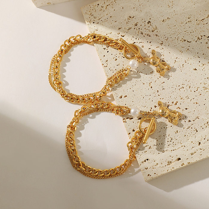Niedliche Bären-Armbänder aus vergoldetem Edelstahl mit künstlichen Perlen