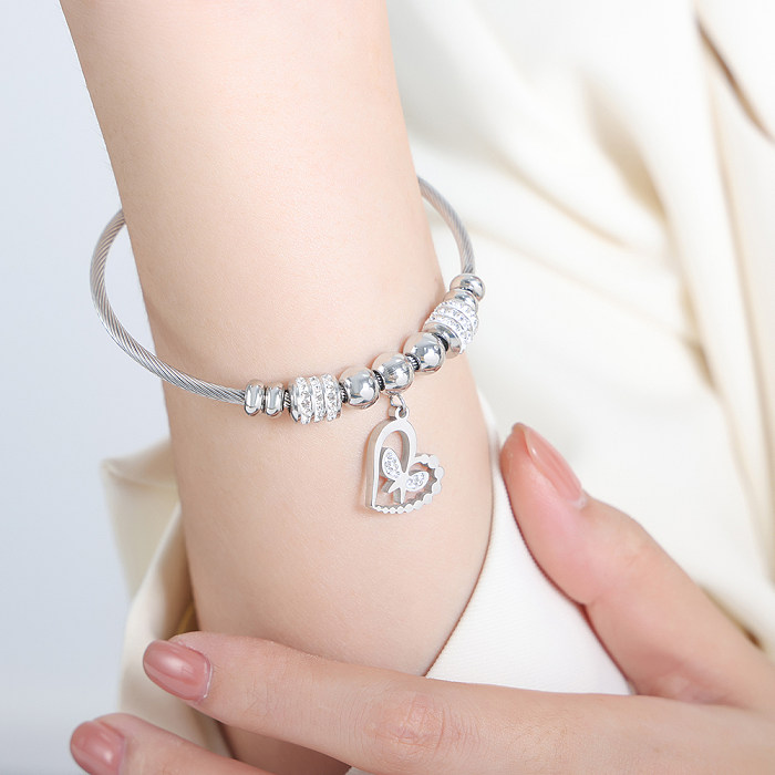 Casual Simple Style Star Heart Shape Butterfly Titanium Steel Plating Inlay Rhinestones 18K Gold Plated Bangle