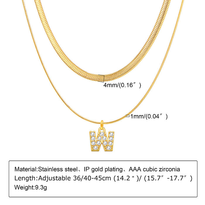 INS-Stil, einfacher Stil, Buchstabe, Edelstahl-Beschichtung, Inlay, Zirkon, 18 Karat vergoldet, mehrschichtige Halsketten