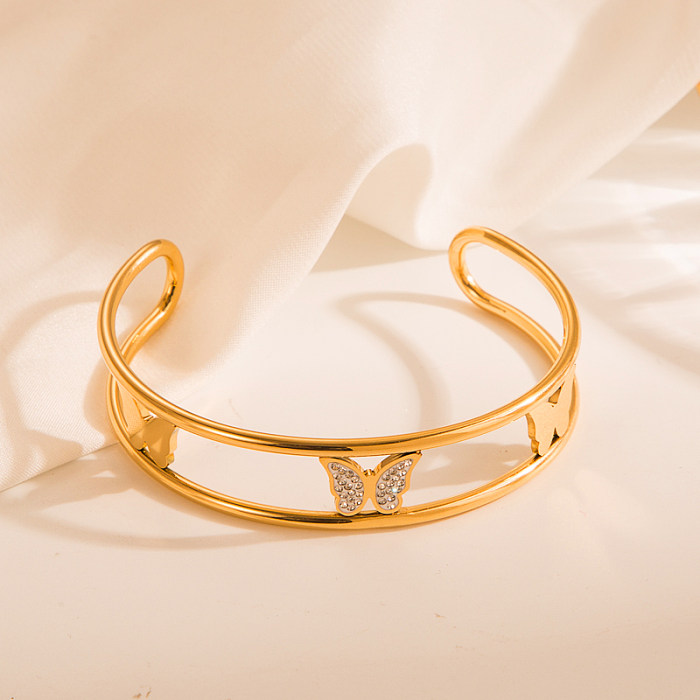 IG Style Elegant Pentagram Heart Shape Butterfly Stainless Steel Plating Inlay Zircon 18K Gold Plated Bangle