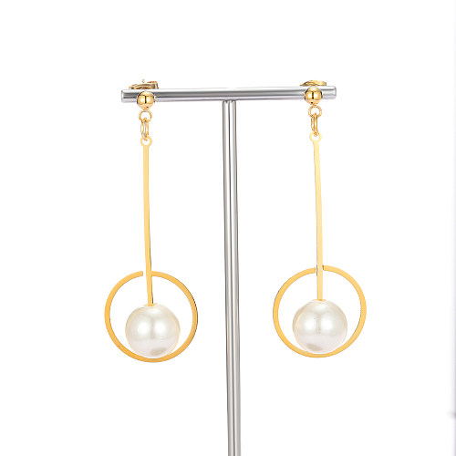1 Pair Fashion Round Ball Stainless Steel  Pearl Plating Drop Earrings