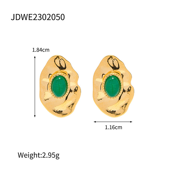 1 paire de clous d'oreilles élégants rétro ovales irréguliers en acier inoxydable, incrustation de pierres précieuses plaquées or 18 carats