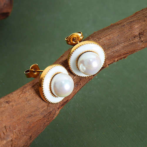 1 paire de clous d'oreilles plaqués or 18 carats, incrustation géométrique de Style Baroque élégant, perles artificielles en acier inoxydable