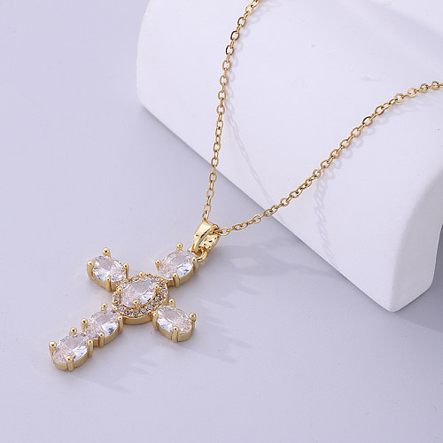 Streetwear Cross Stainless Steel  Copper Plating Inlay Zircon 18K Gold Plated Pendant Necklace