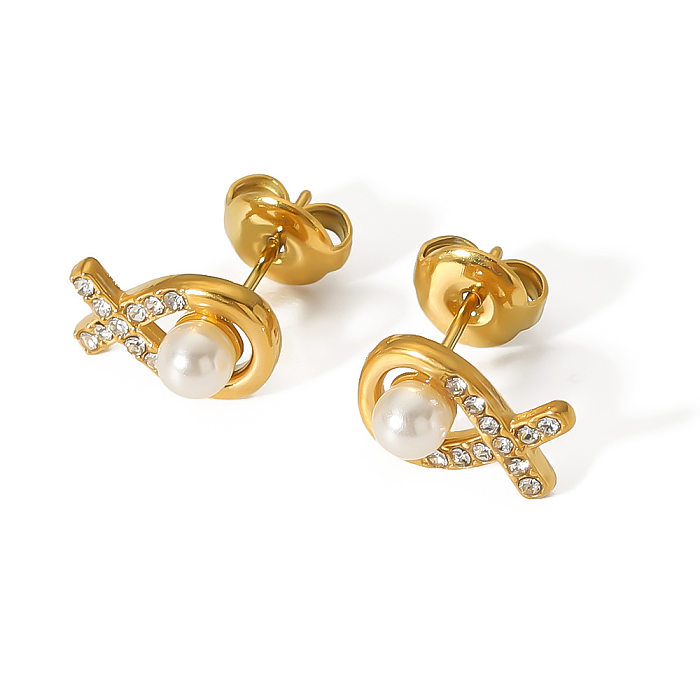 1 Pair Casual Modern Style Round Plating Inlay Stainless Steel  Pearl Zircon 18K Gold Plated Ear Studs