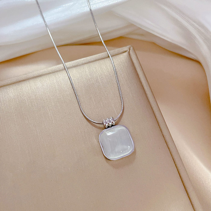 Elegante Damen-Halskette mit geometrischem quadratischem Opal-Anhänger und Inlay aus Edelstahl