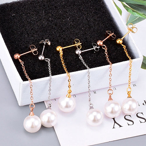 jewelry Fashion Round Bead Pearl Long Tassel Stainless Steel Earrings Wholesale Jewelry