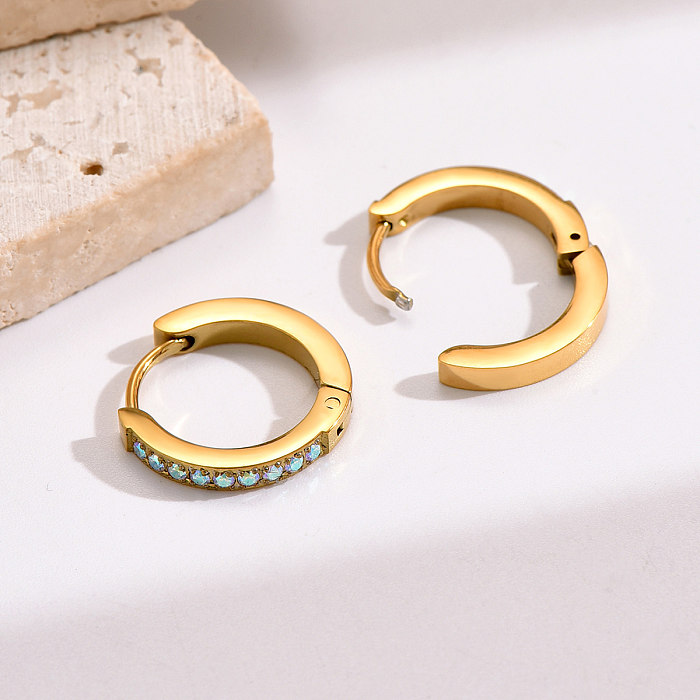 1 Pair Elegant Round Stainless Steel  Plating Inlay Zircon 18K Gold Plated Hoop Earrings