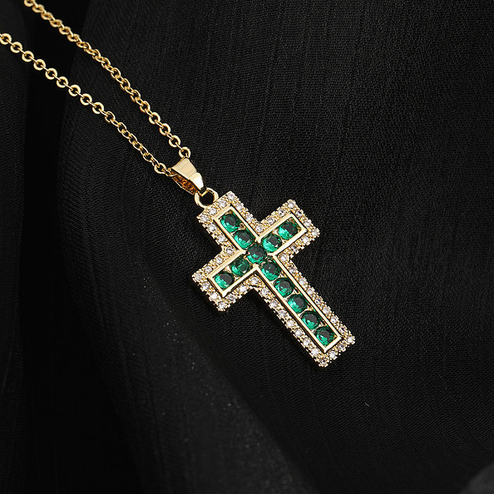 Collier pendentif plaqué or 18 carats avec incrustation de croix hip-hop en acier inoxydable et zircon