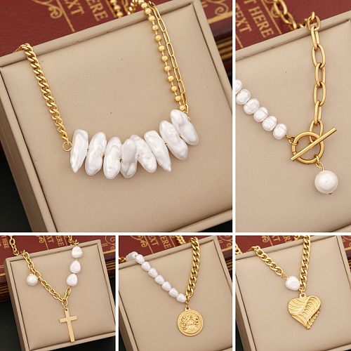 Collier de perles d'imitation en acier inoxydable, Style baroque, croix irrégulière en forme de cœur, vente en gros