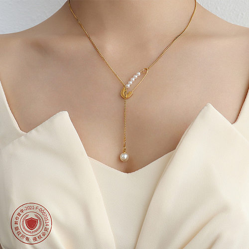 Imitation Pearl Pin Tassel Pendant Stainless Steel Necklace