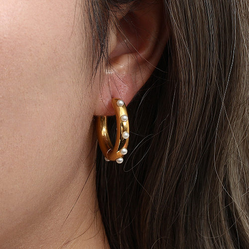 Boucles d'oreilles géométriques en acier inoxydable, incrustée de perles, à la mode