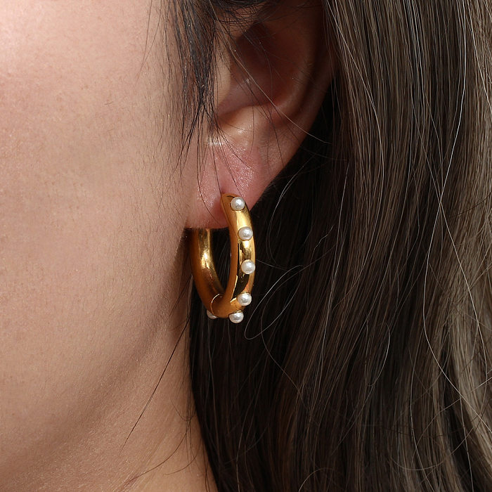 Boucles d'oreilles géométriques en acier inoxydable, incrustée de perles, à la mode