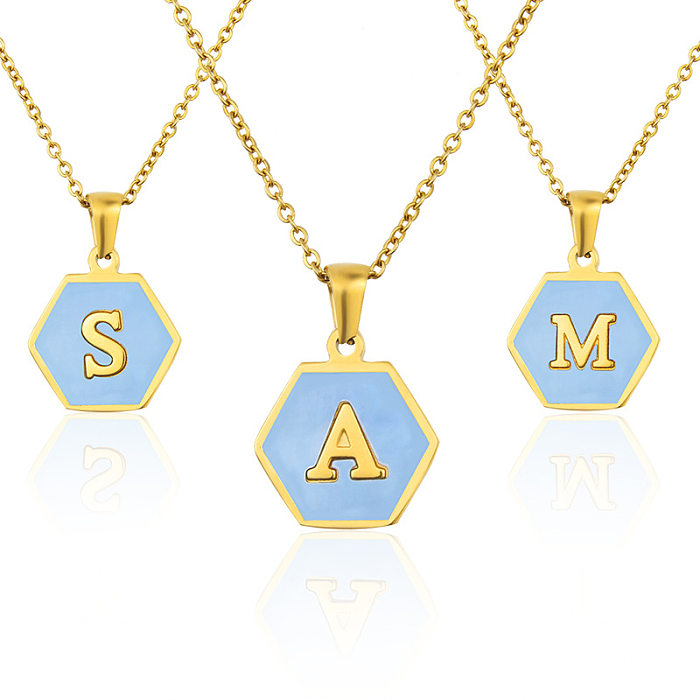 Wholesalejewelry Mode sechseckige blaue Muschel 26 Buchstaben Anhänger Edelstahl Halskette Schmuck