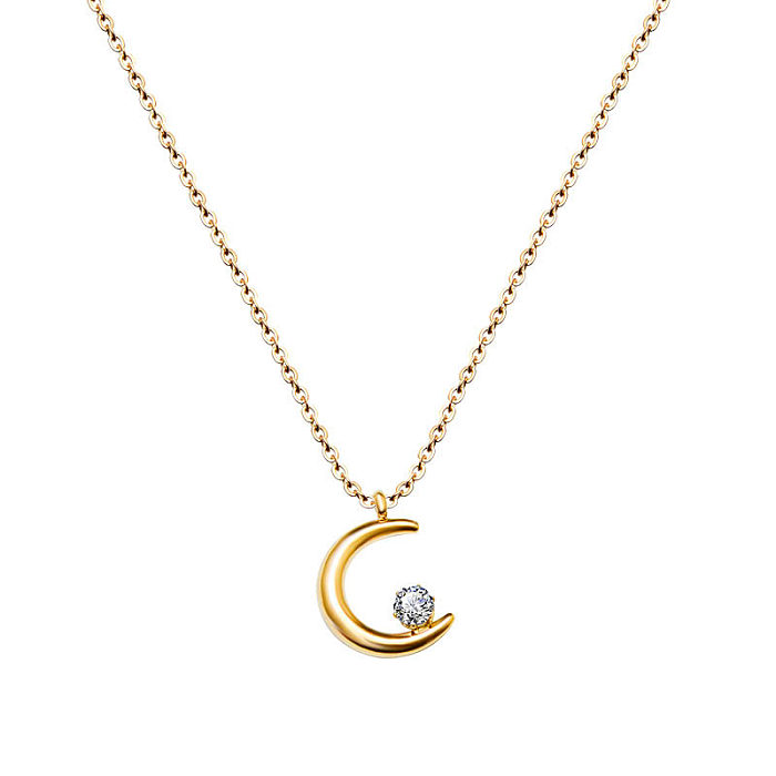 Fashion Moon Stainless Steel Gold Plated Zircon Pendant Necklace 1 Piece
