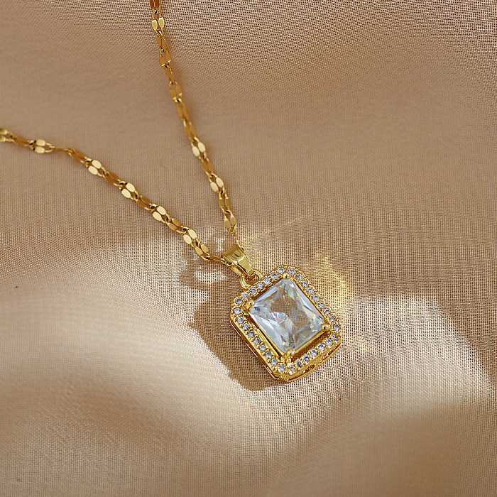 IG Style Simple Style Rectangle Stainless Steel  Copper Plating Inlay Zircon Pendant Necklace