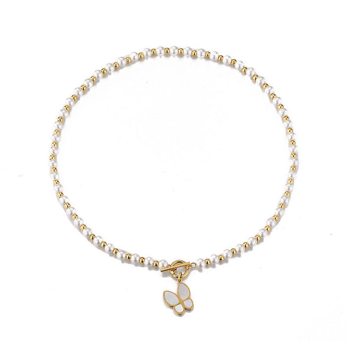 Fashion Butterfly Stainless Steel Pearl Pendant Necklace 1 Piece