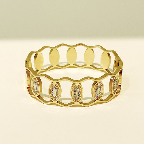 Elegant Simple Style Oval Stainless Steel Plating Hollow Out Inlay Zircon Gold Plated Bangle