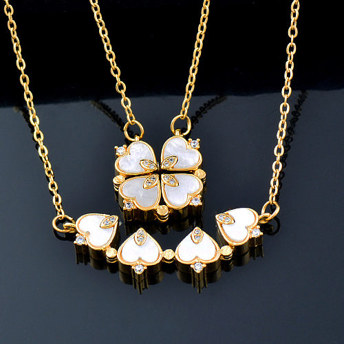 Fashion Heart Shape Stainless Steel Inlay Shell Zircon Pendant Necklace 1 Piece