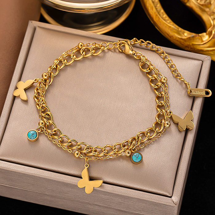 Bracelets à la mode avec feuilles, dauphin, papillon, placage en acier titane, strass turquoise