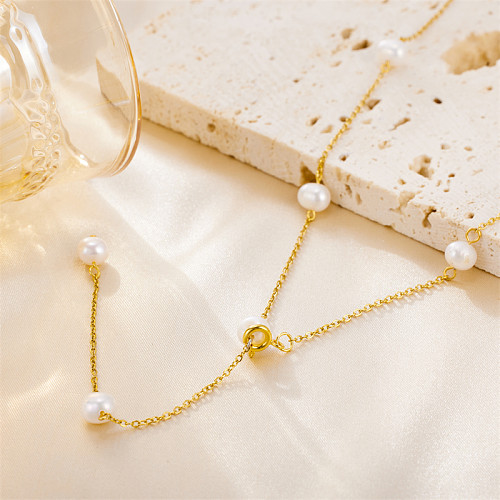 Collier pendentif rond en perles d'eau douce en acier inoxydable, Style Simple, fait à la main