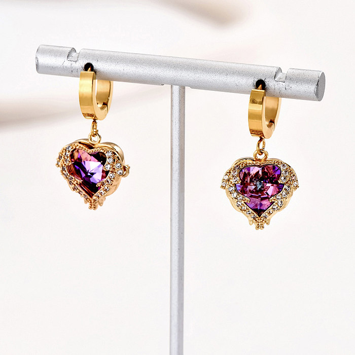 1 Pair Retro Shiny Heart Shape Plating Three-dimensional Inlay Stainless Steel  Zircon 18K Gold Plated Drop Earrings