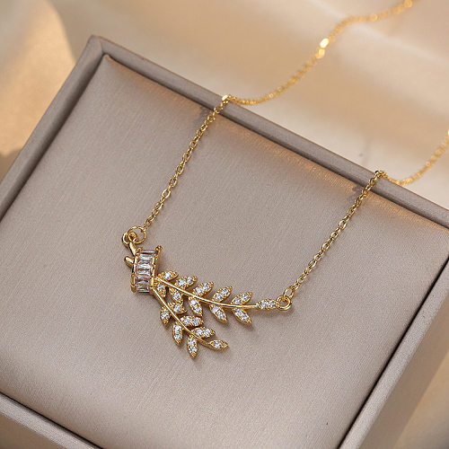 Lady Leaf Stainless Steel Inlay Inlaid Gold Zircon Pendants Necklace