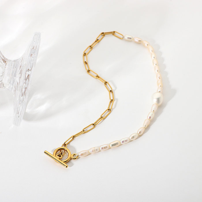 Einfache 18K OT Schnalle Naturperle Edelstahl Halskette Großhandel Schmuck