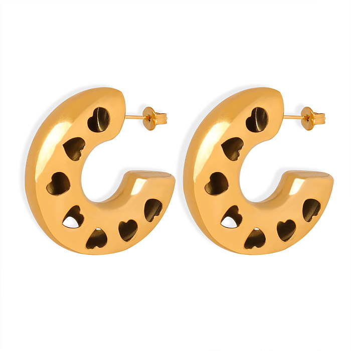 1 Pair Lady French Style C Shape Plating Hollow Out Stainless Steel 18K Gold Plated Earrings