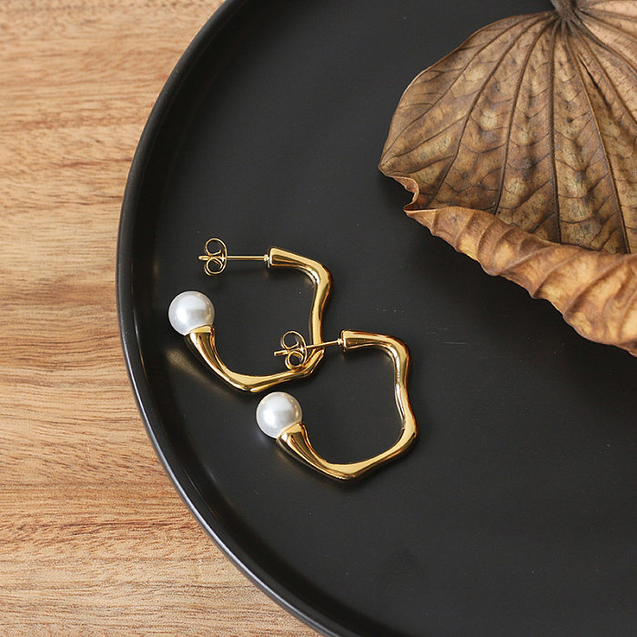 Boucles d'oreilles rétro en forme de C, perles irrégulières, plaquées en acier inoxydable 18K, vente en gros de bijoux