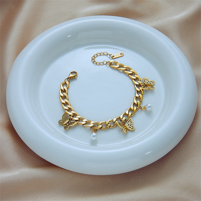Einfache Schmetterlingsarmbänder aus vergoldetem Titanstahl mit künstlichen Perlen, 1 Stück
