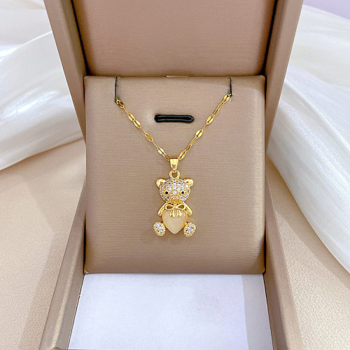 Cute Animal Stainless Steel  Copper Inlay Zircon Pendant Necklace