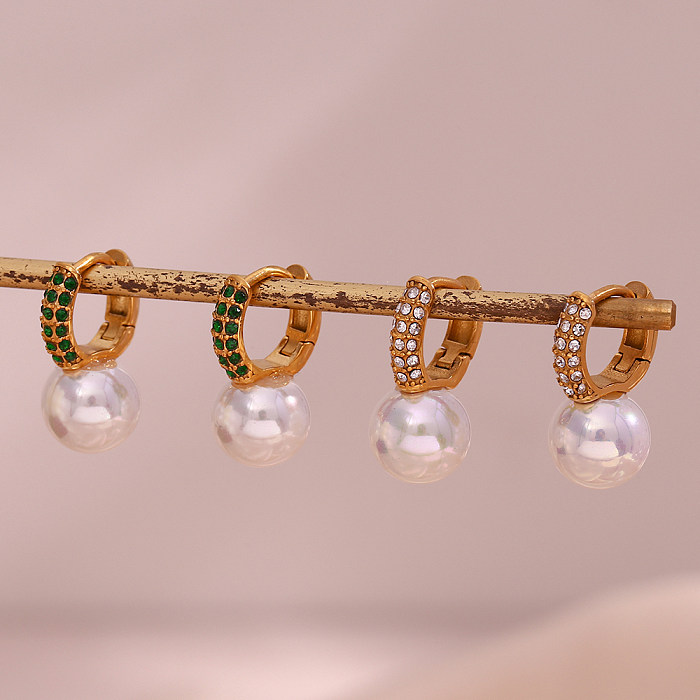 1 par de pendientes chapados en oro de 18 quilates con incrustaciones de perlas artificiales geométricas de estilo francés