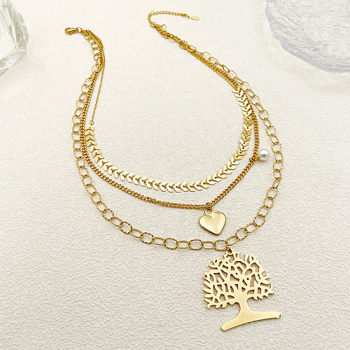 Estilo vintage estilo francês árvore coração forma de aço inoxidável em camadas chapeamento oco banhado a ouro em camadas colares