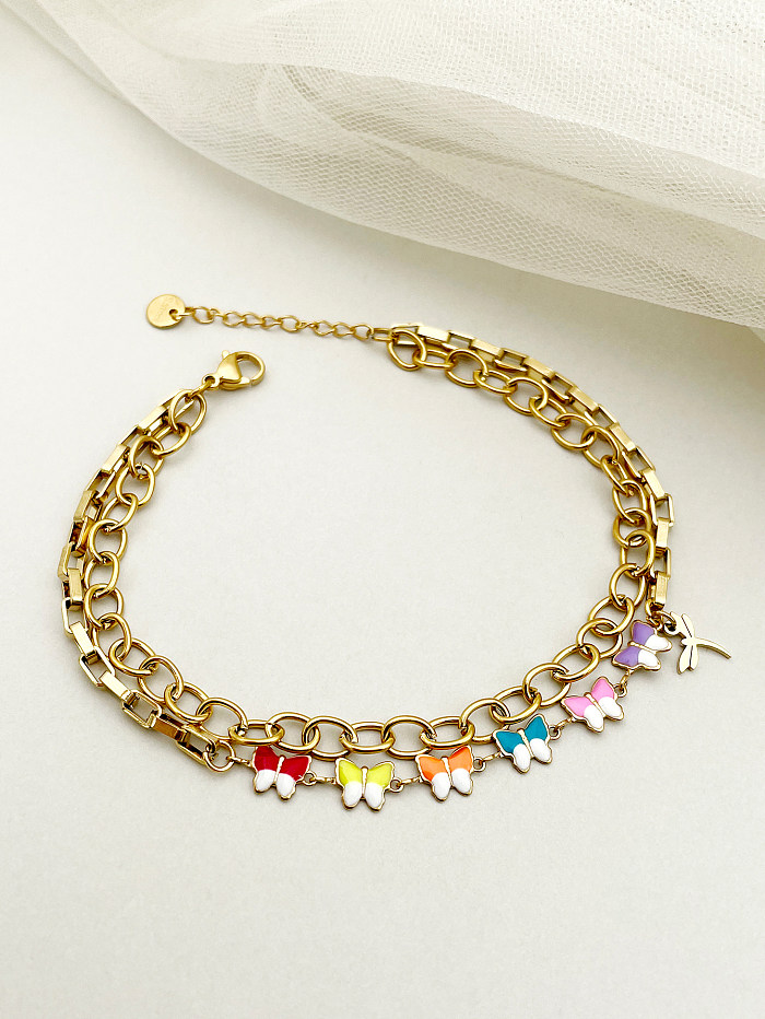 Casual Artistic Oval Butterfly Stainless Steel Polishing Enamel Plating Gold Plated Bracelets