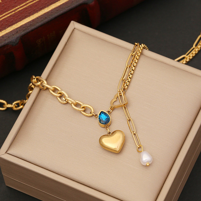 Wholesale 1 Piece Vintage Style Water Droplets Heart Shape Stainless Steel  18K Gold Plated Gem Pendant Necklace