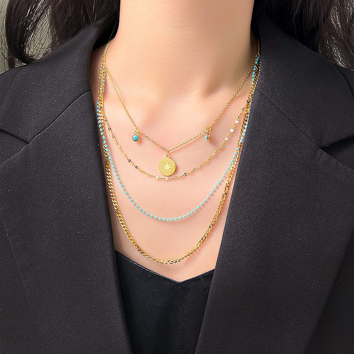 Modische Halskette mit runder Öse, Edelstahl-Beschichtung, Inlay, türkisfarben, mehrlagig, 1 Stück