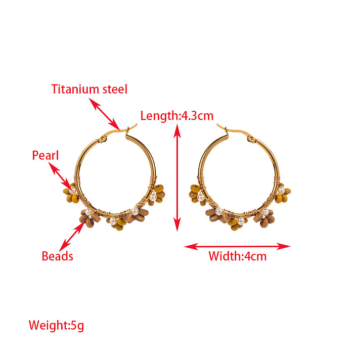 1 Pair Elegant Circle Inlay Stainless Steel Beads Gold Plated Earrings
