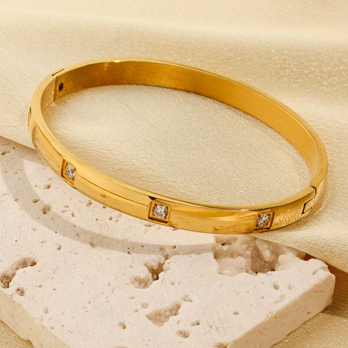 Wholesale Simple Style Rhombus Rectangle Stainless Steel Titanium Steel Steel Plating Inlay 18K Gold Plated Gold Plated Zircon Bangle