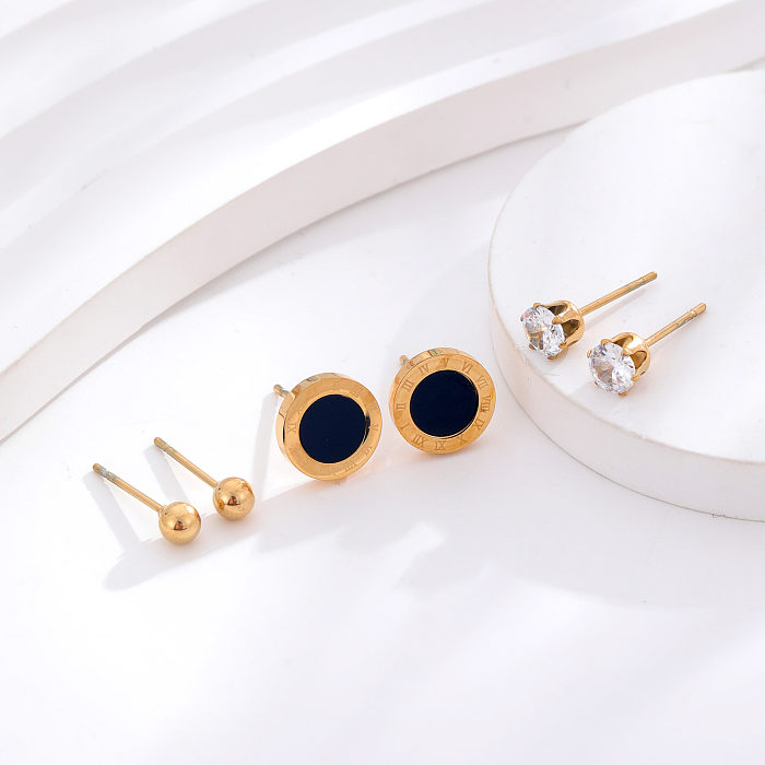 3 Pairs Classic Style Round Number Stainless Steel Inlay Zircon 24K Gold Plated Ear Studs