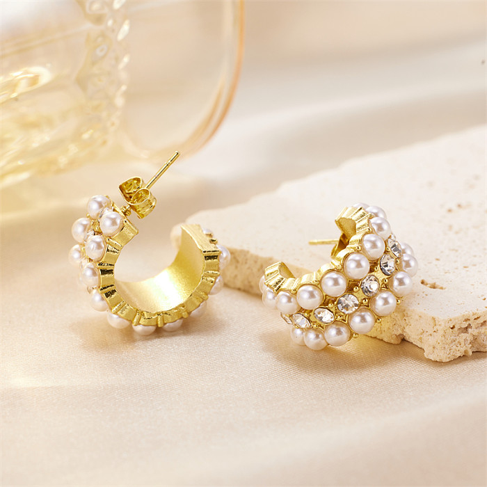 1 Pair IG Style Simple Style Round Plating Inlay Stainless Steel  Artificial Pearls 18K Gold Plated Earrings