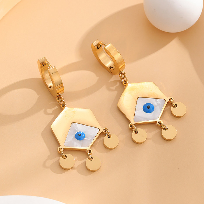 1 Pair Retro Vacation Palm Eye Plating Inlay Stainless Steel Shell Gold Plated Drop Earrings