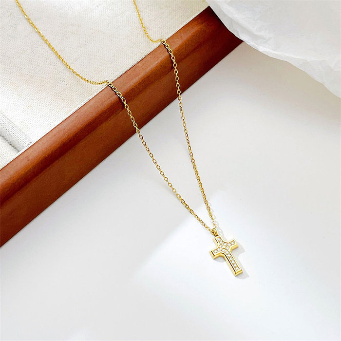 Simple Style Commute Cross Stainless Steel  White Gold Plated Gold Plated Zircon Pendant Necklace In Bulk
