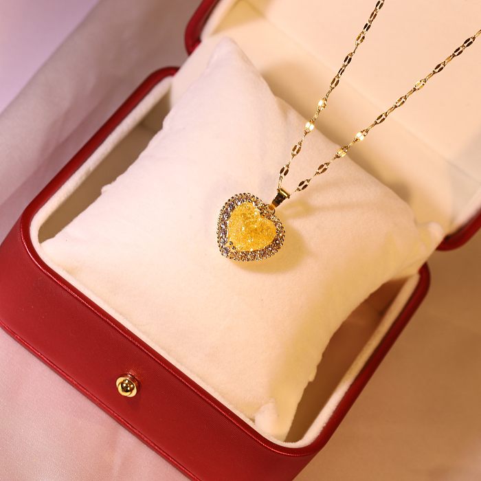 Retro Heart Shape Stainless Steel Inlaid Zircon Necklace 1 Piece