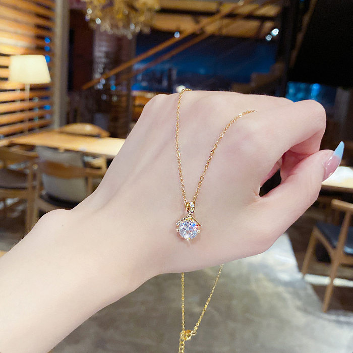 IG Style Round Stainless Steel Plating Inlay Zircon 18K Gold Plated Solitaire Necklace