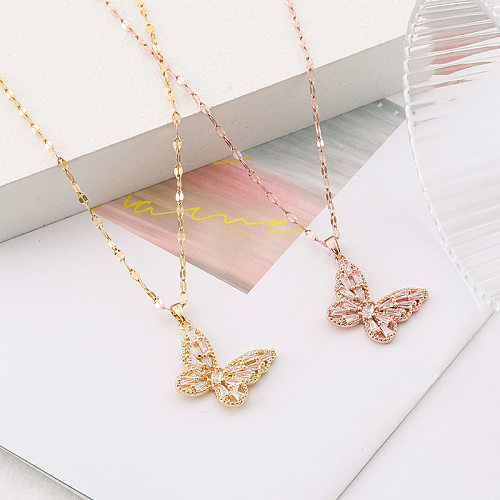 Fashion Butterfly Stainless Steel Plating Zircon Pendant Necklace
