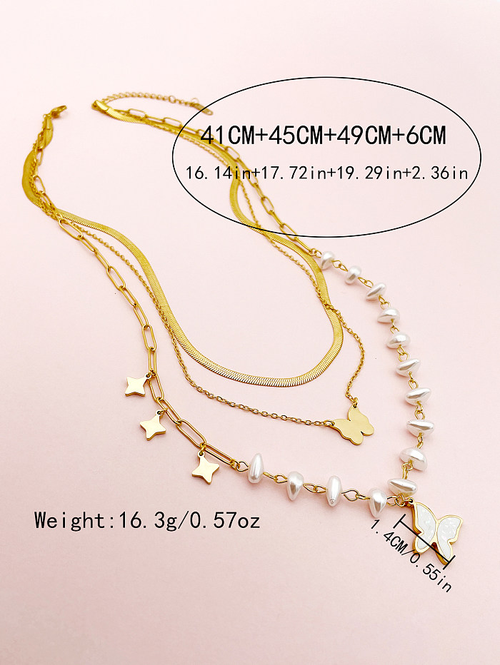 Glamouröse Streetwear-Schmetterlings-Halsketten aus Edelstahl mit Perlenbeschichtung und vergoldeten Lagen