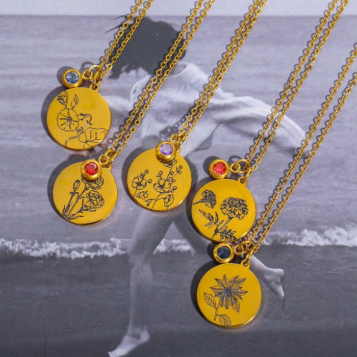 1 Piece Fashion Flower Petal Lotus Stainless Steel Plating Birthstone Zircon Pendant Necklace