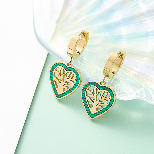 1 Pair Fashion Tree Heart Shape Stainless Steel Patchwork Inlay Shell Drop Earrings